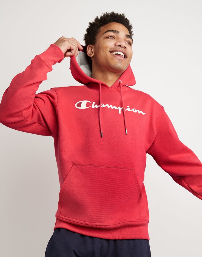 Champion Herre Hættetrøje Rød - Powerblend Fleece Script Logo - Danmark TNI-630291